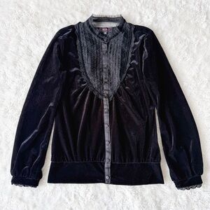 VTG Y2K Whimsigoth Woman Black Velvet Ruffle Lace Button Down Top Romantic